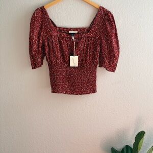 Universal Thread Women's Short Sleeve Floral Print Burgundy Blouse Size M